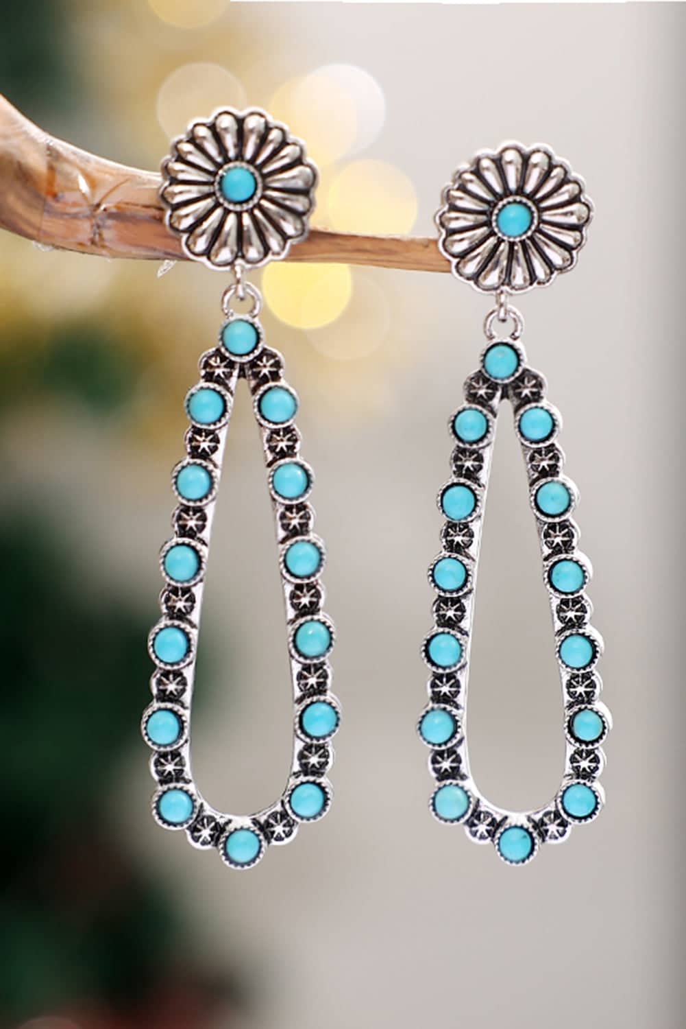 Threaded Pear Silver Flower Turquoise Western Fashion Earrings