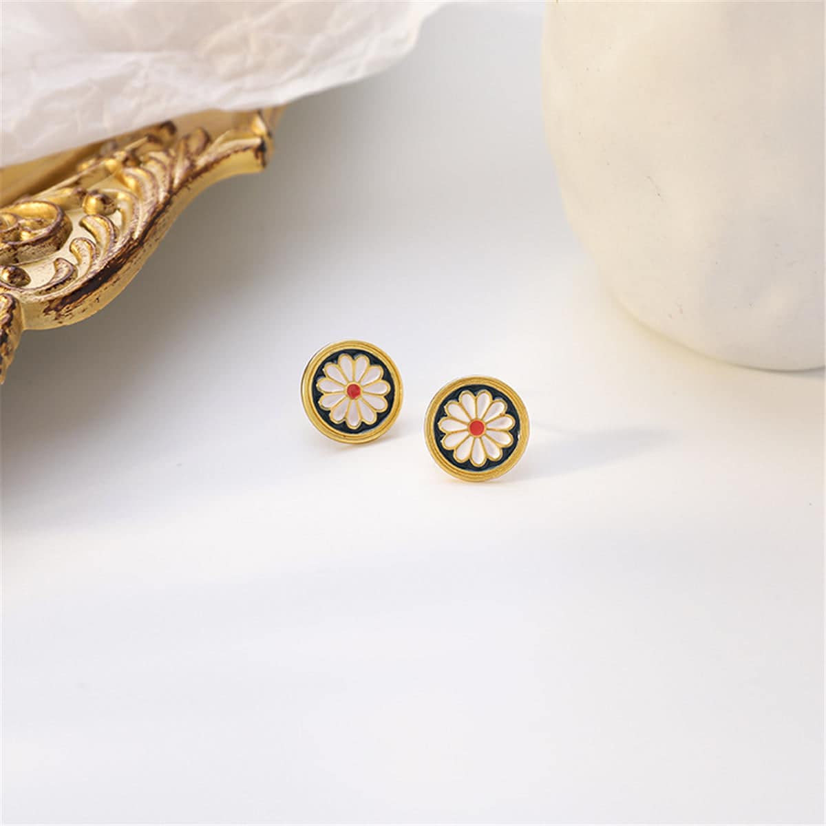 Black Enamel & Goldtone Mum Round Stud Earrings