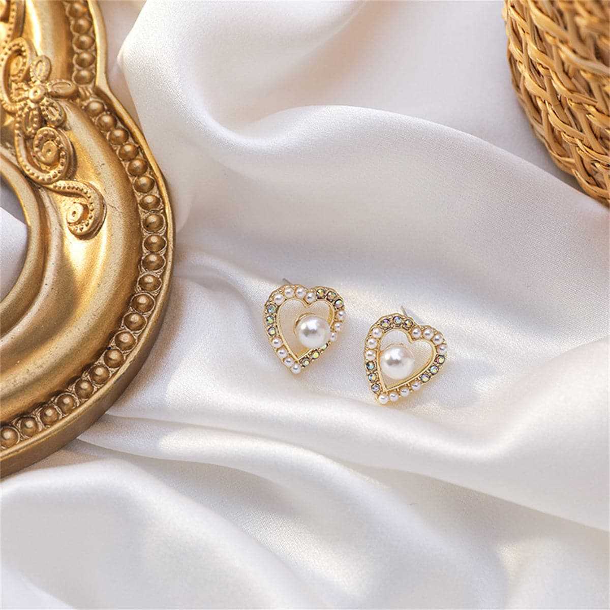 Pearl & Cubic Zirconia Goldtone Heart Stud Earring