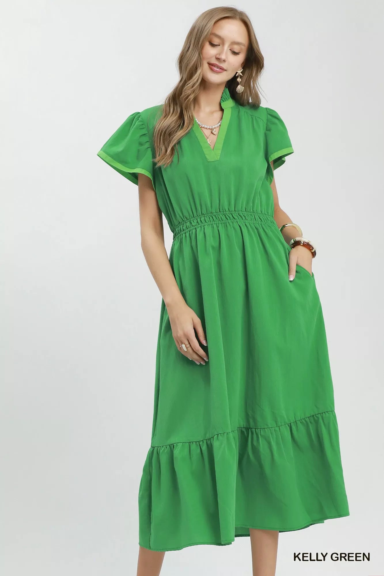 DBLCLK Women's Contrast Trim Midi Dress with Tiered Ruffle Hem KELLY GREEN / L
