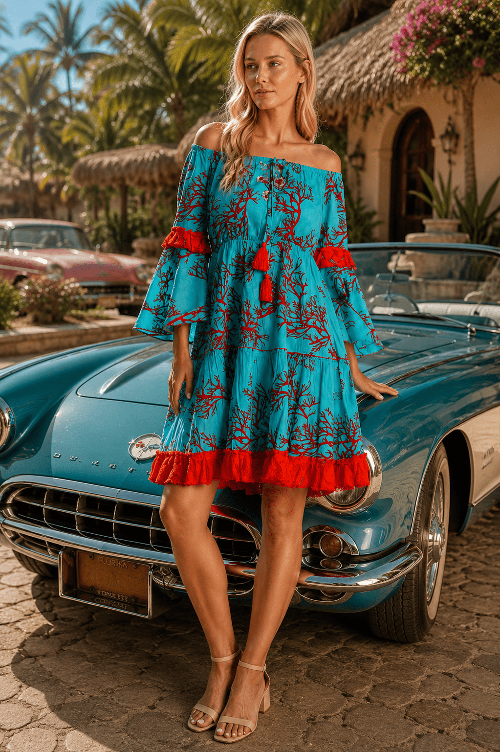 Club Moda Women's off Shoulder Summer Mini Dress – Boho Resort Beach Vacation Sundress Red / L/XL