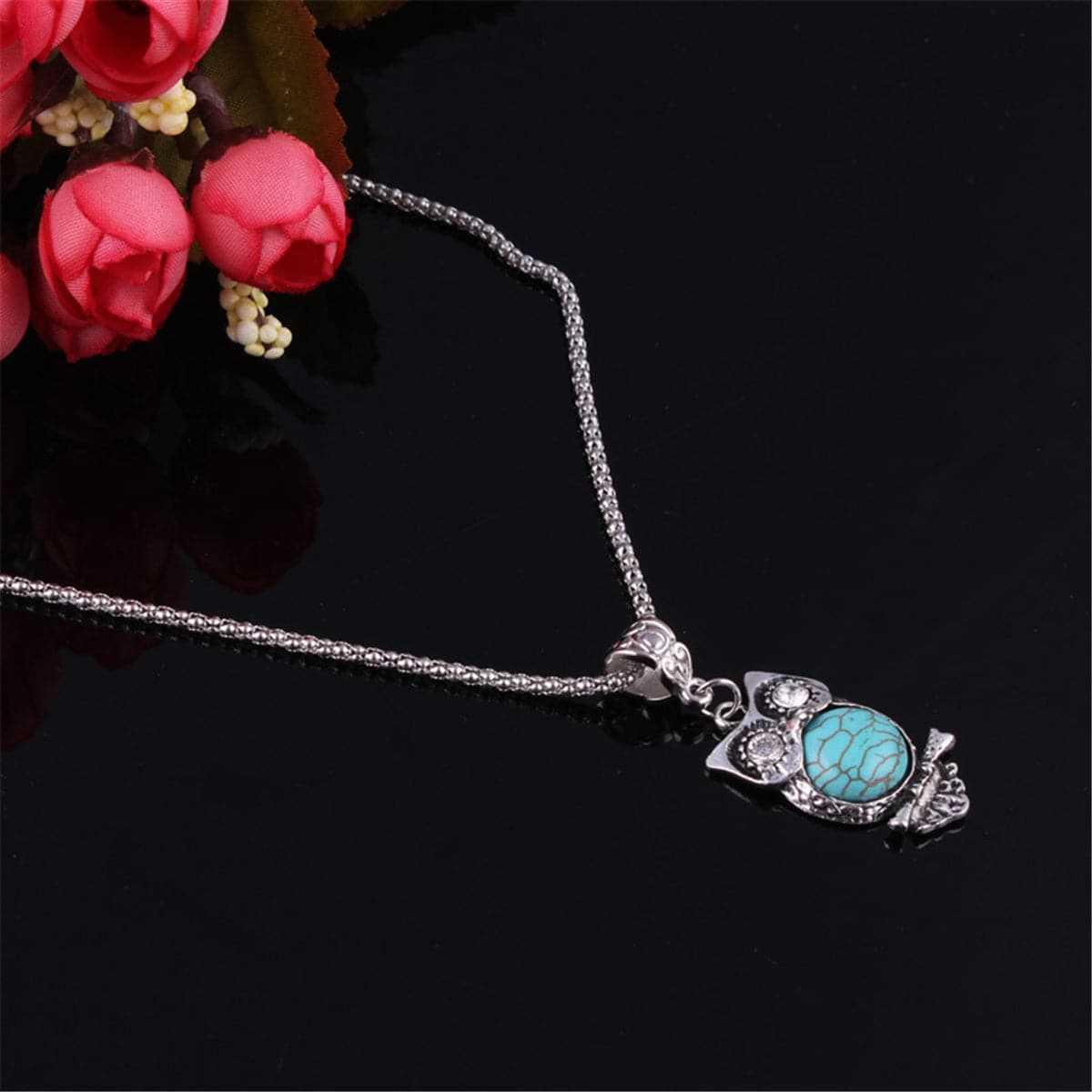Turquoise & Cubic Zirconia Owl Pendant Necklace