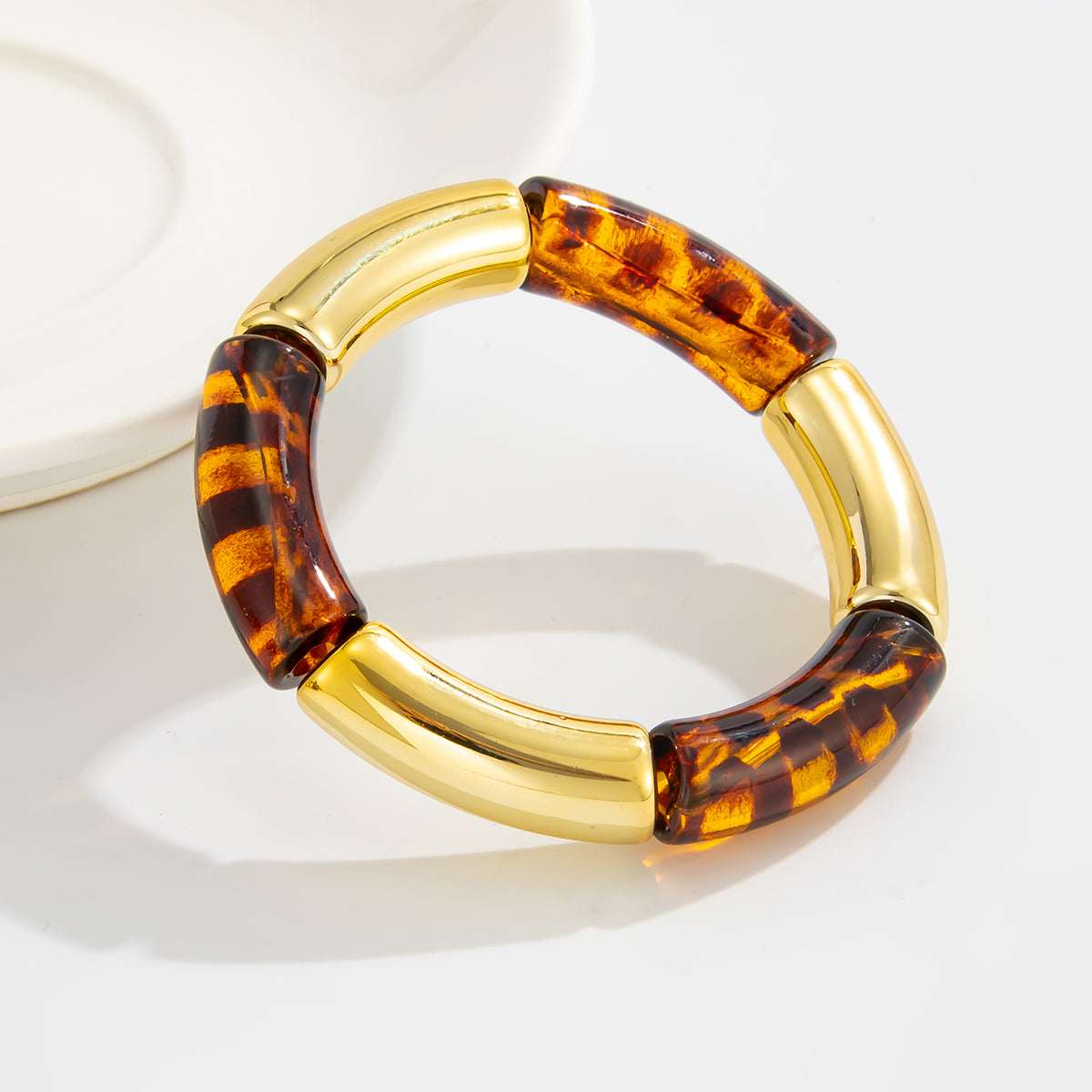 Amber Resin & Goldtone Leopard Print Joint Stretch Bracelet