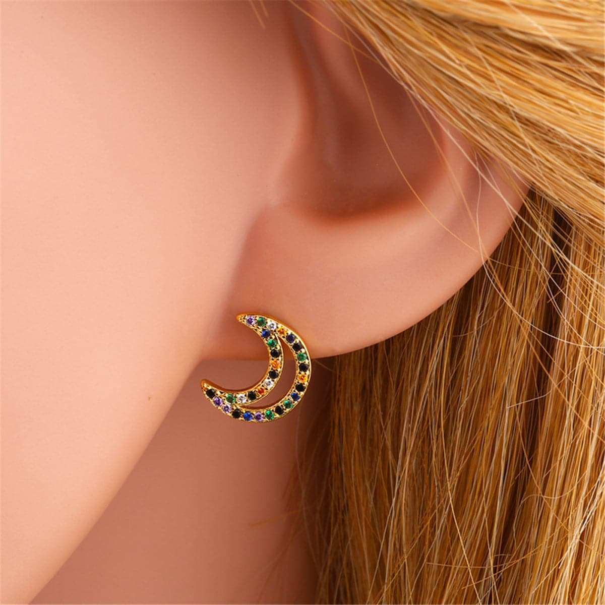 Cubic Zirconia & Goldtone Open Moon Stud Earrings