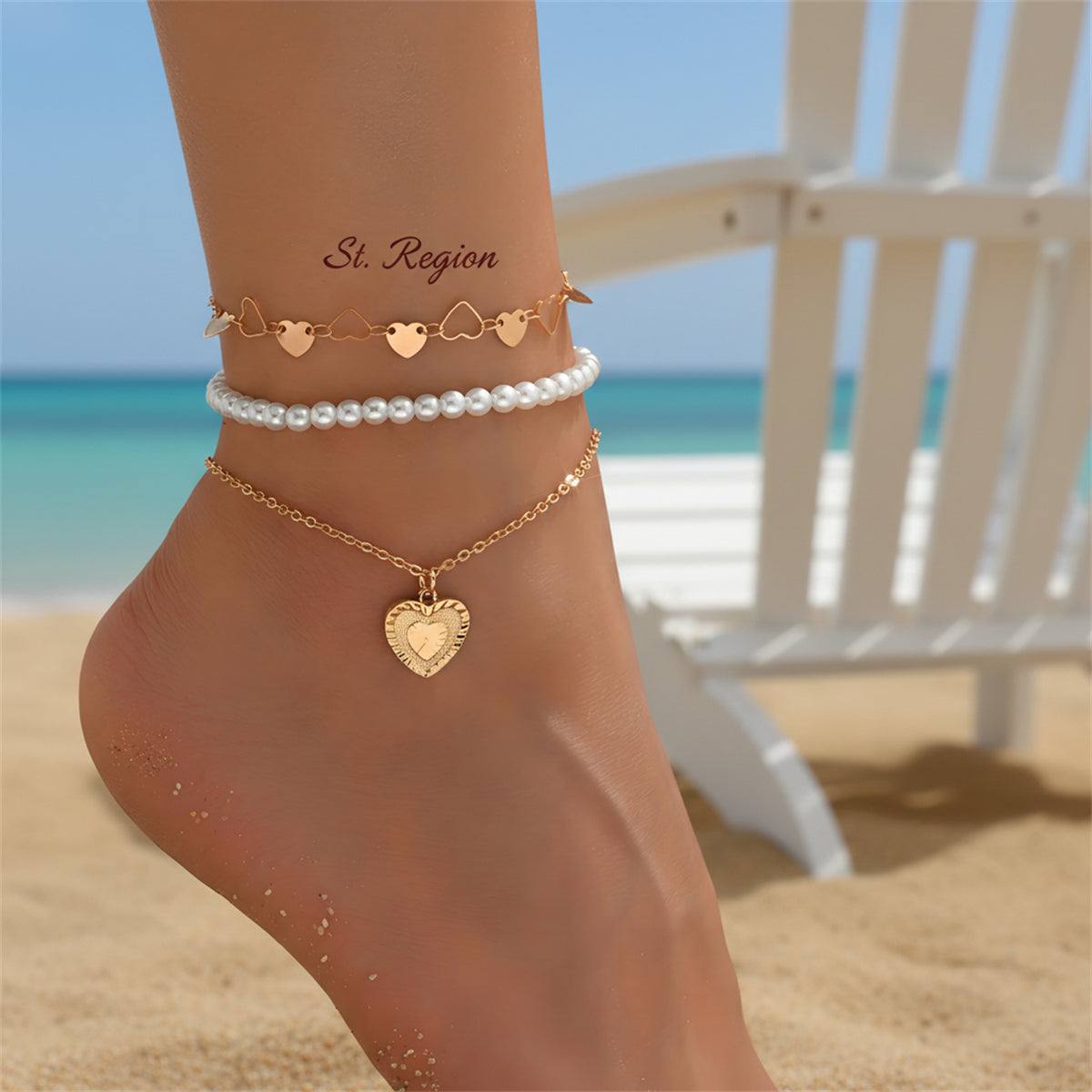 Pearl & Goldtone Heart Station Charm Anklet Set