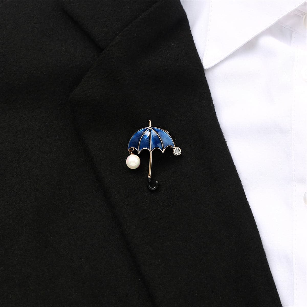 Dark Blue Enamel & Cubic Zirconia Goldtone Umbrella Brooch