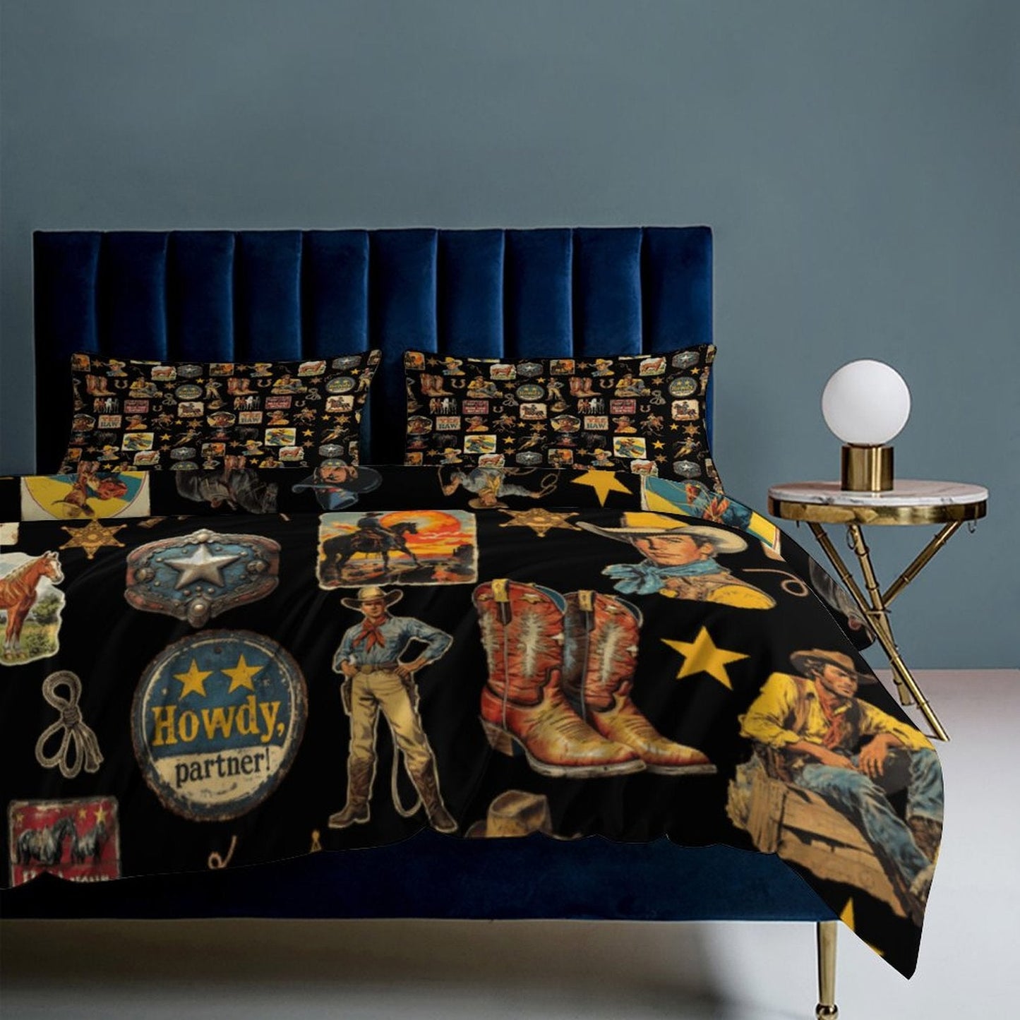 Vintage Cowboy Collage Design 3-Piece Bedding Set (1 Duvet Cover + 2 Pillow Shams) – 102"×90"