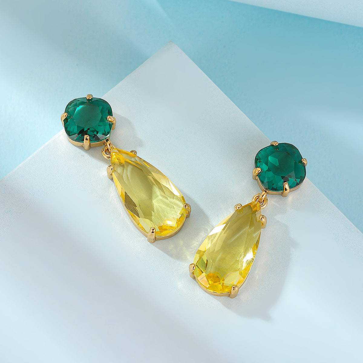 Green & Yellow Crystal Goldtone Cushion Drop Earrings