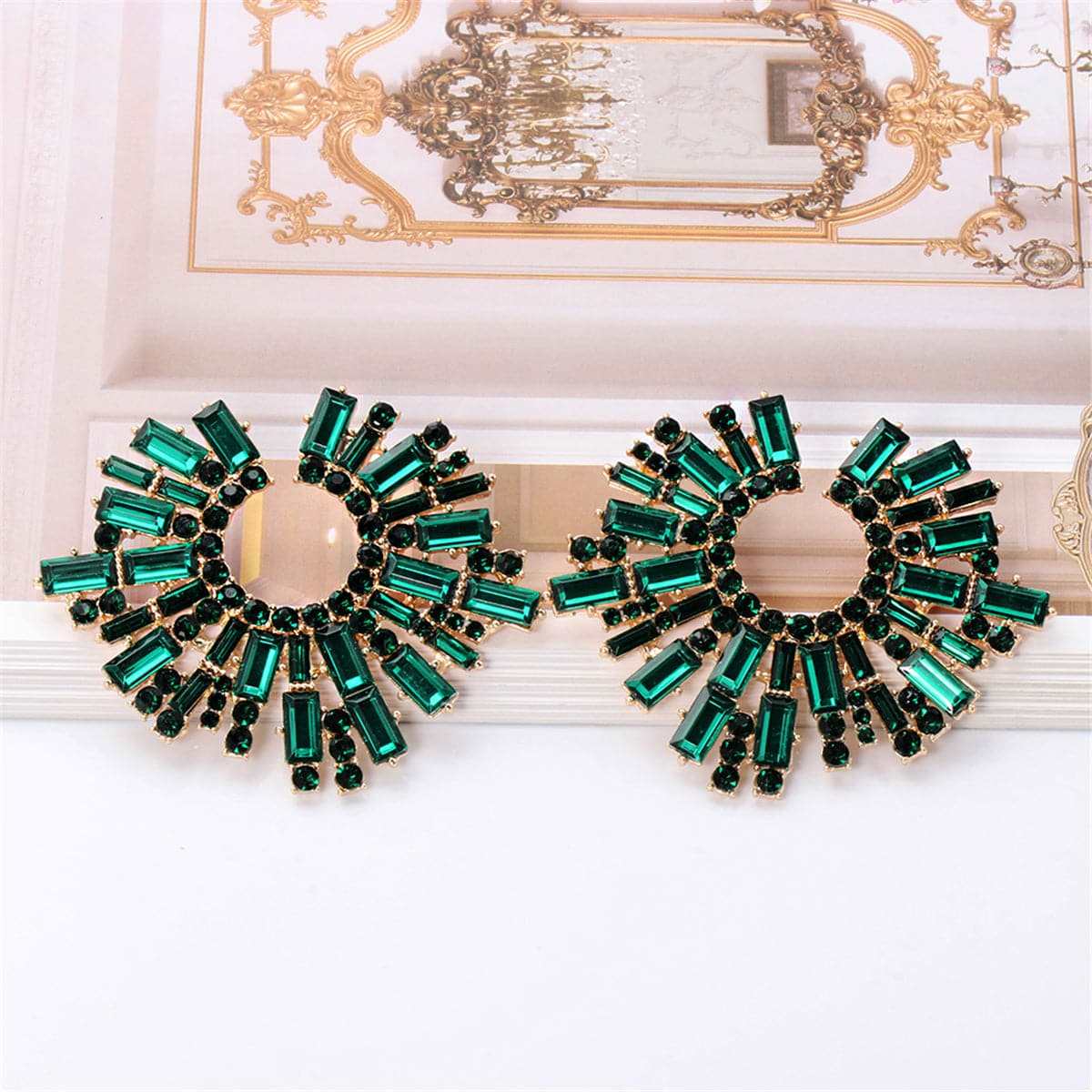 Green Cubic Zirconia & Goldtone Hola Round Stud Earrings