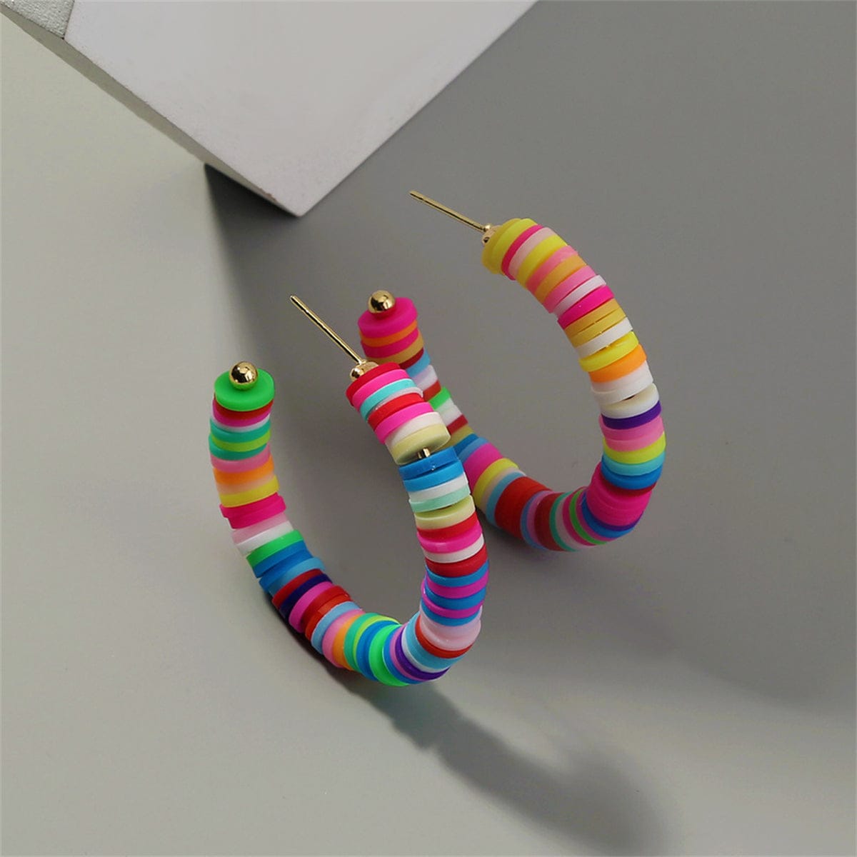 Rainbow Polymer Clay & Goldtone Hoop Earrings