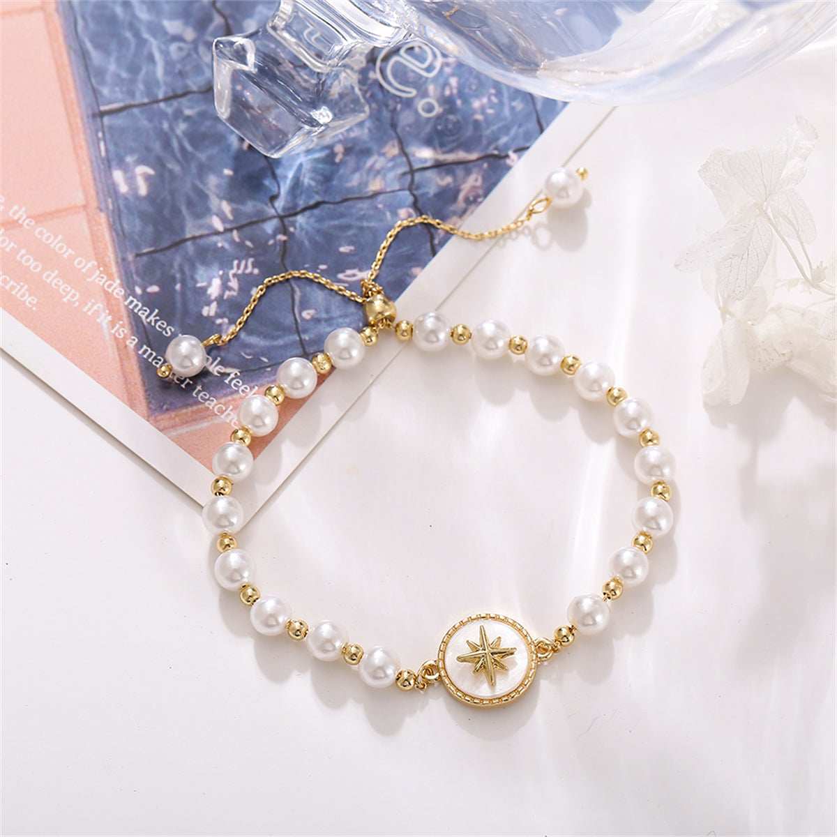 Pearl & Shell Goldtone Star Charm Adjustable Bracelet