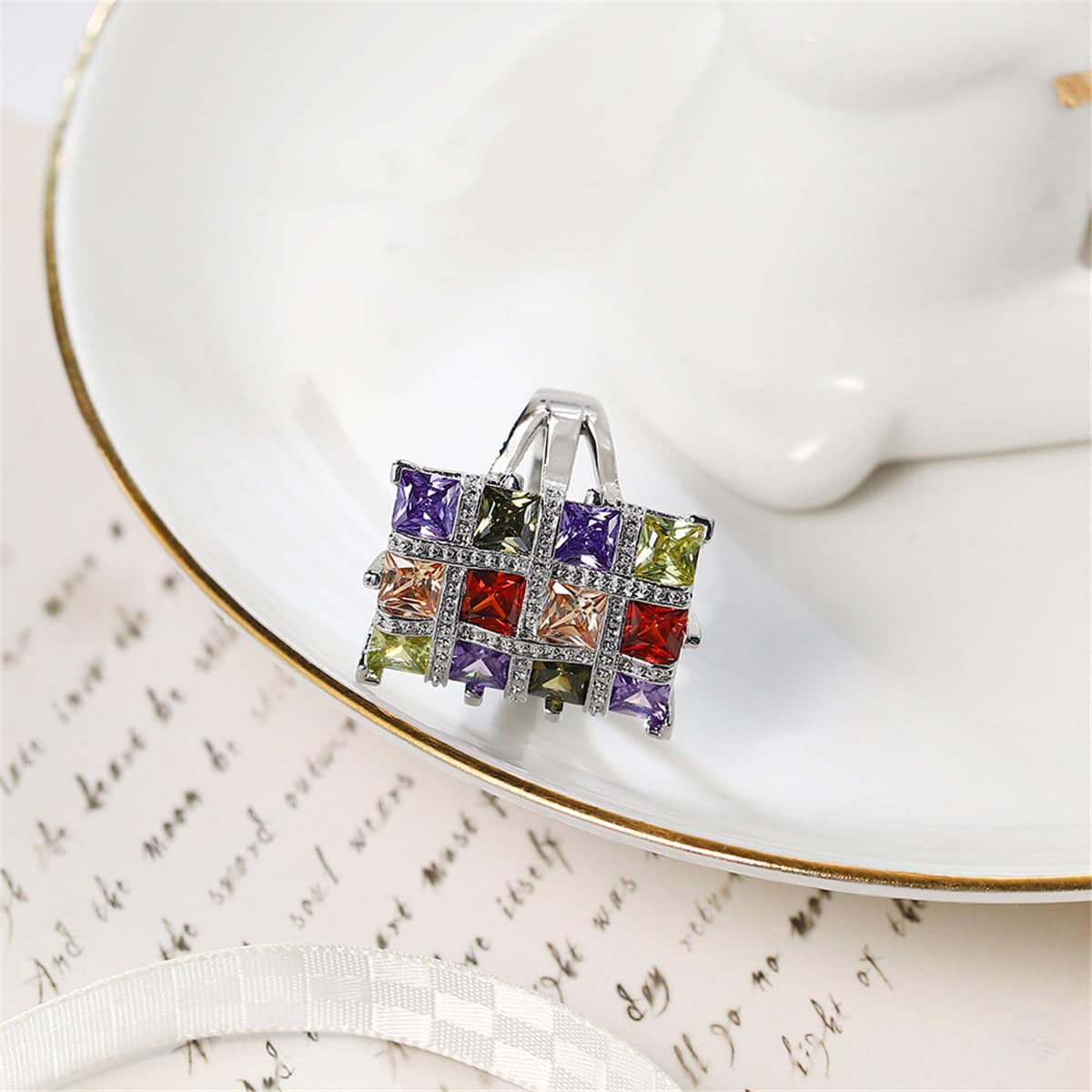Multicolor Crystal & Cubic Zirconia Silvertone Block Ring-4
