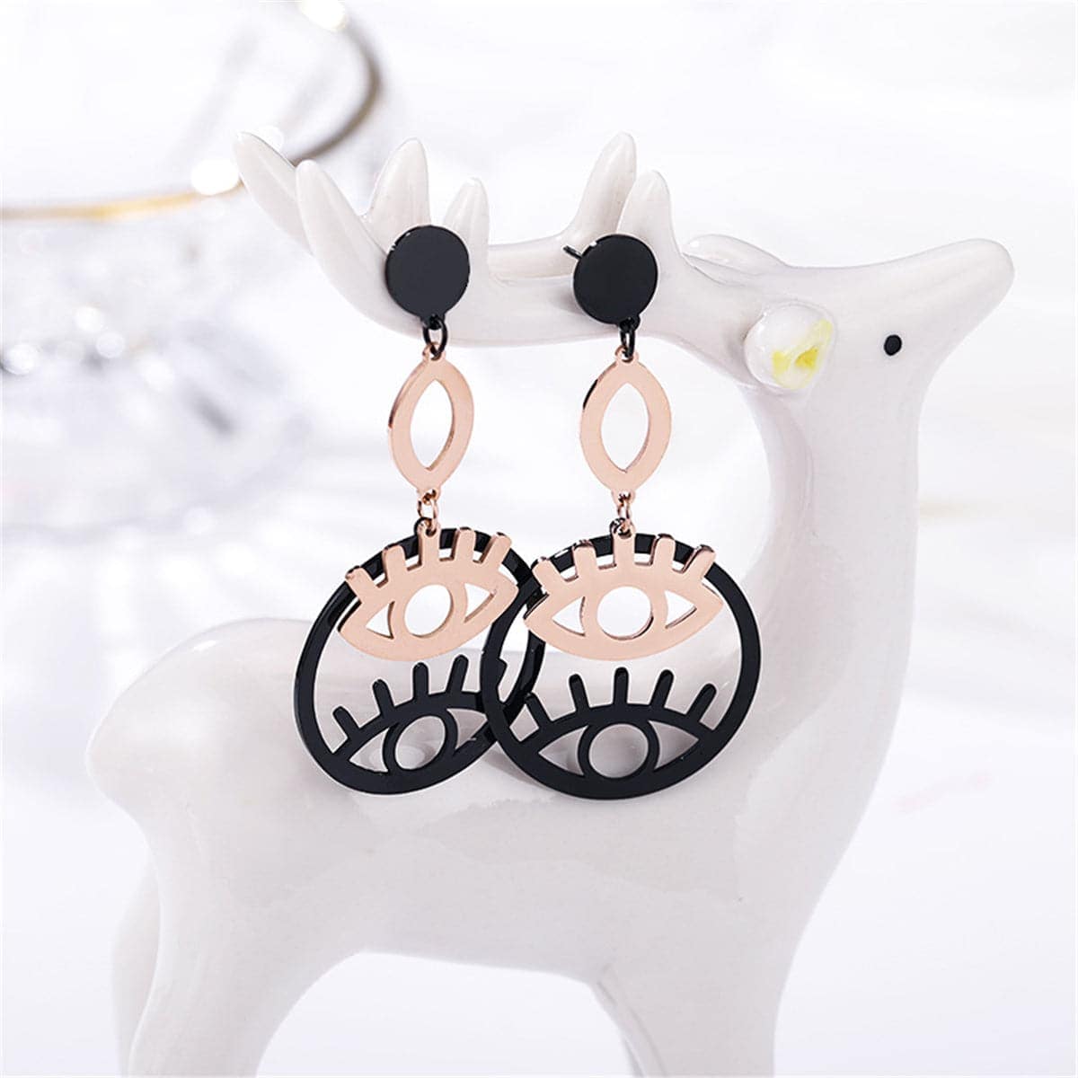Black & Rose Goldtone Double Eyes Drop Earrings