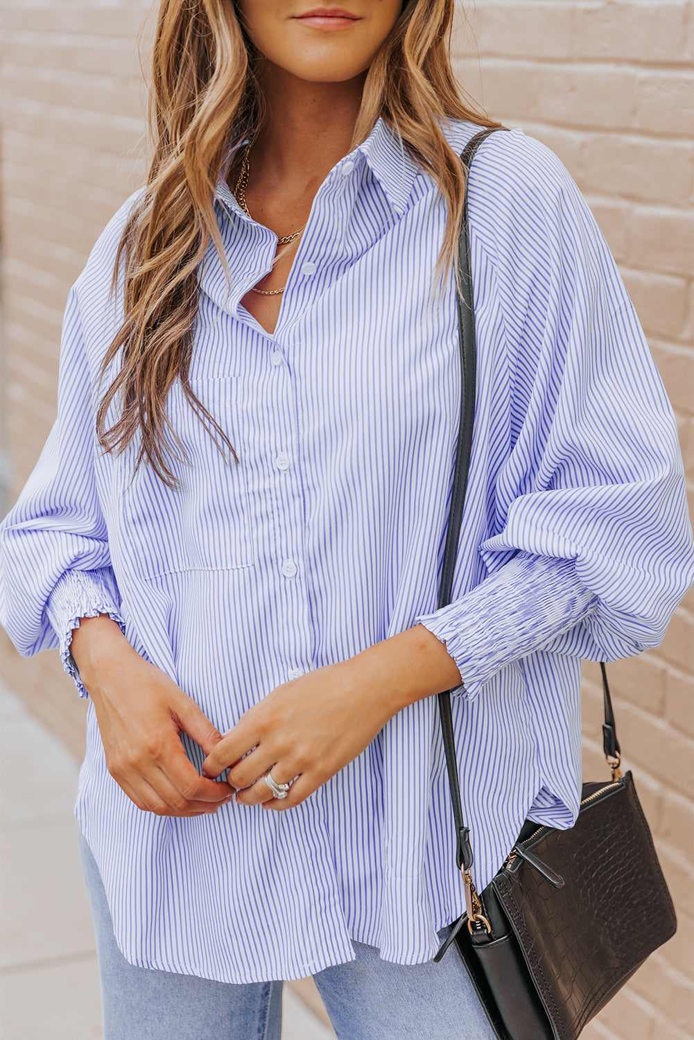 Skye Smocked Cuffed Striped Boyfriend Shirt with Pocket - Black / M - 8/10