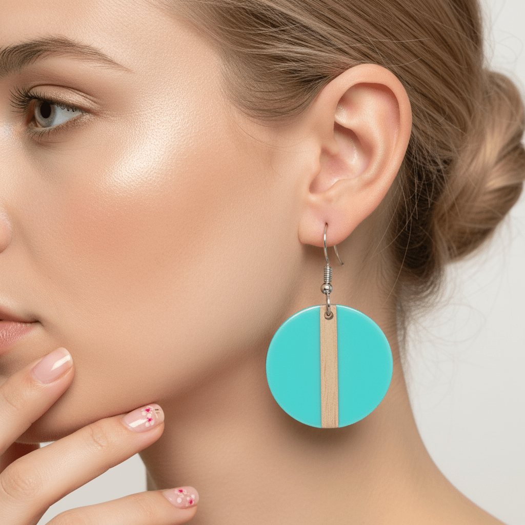 Light Blue Resin & Wood Silvertone Round Hook Earrings