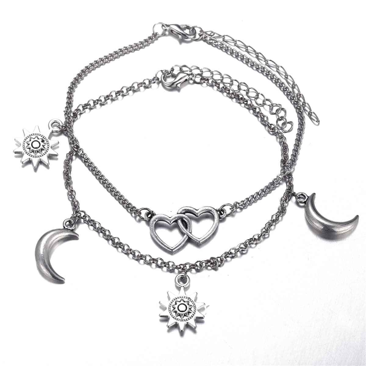 Silvertone Moon & Star Heart Charm Anklet Set