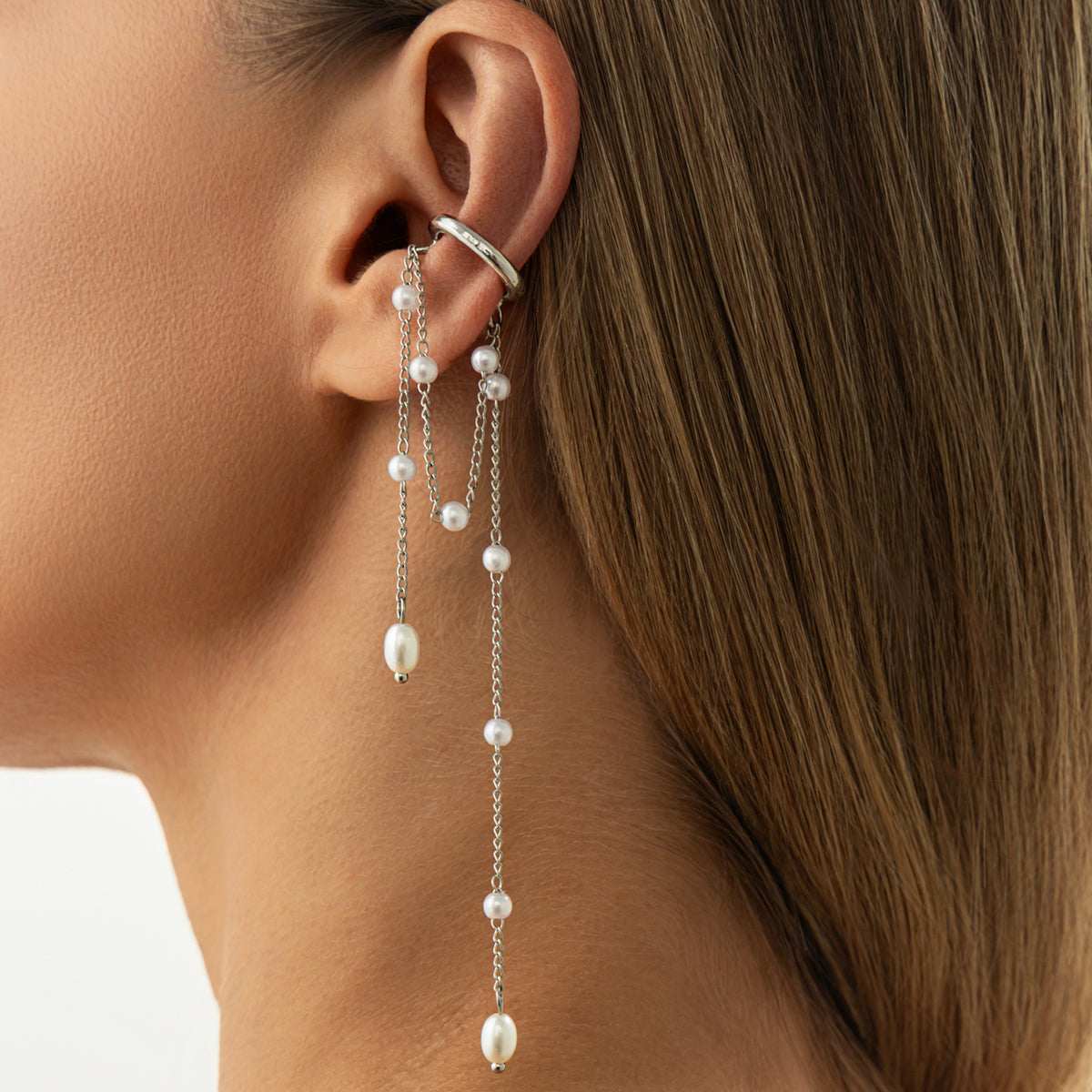 Pearl & Silvertone Beaded Chain Tassel Ear Cuff