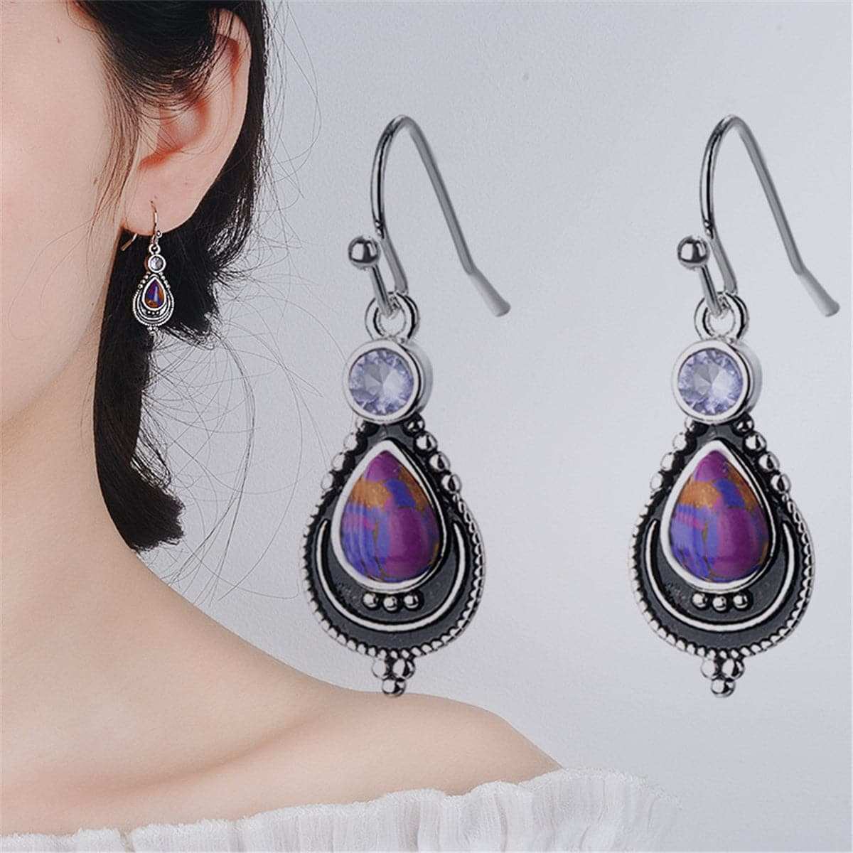Purple Turquoise & Crystal Silvertone Teardrop Earrings