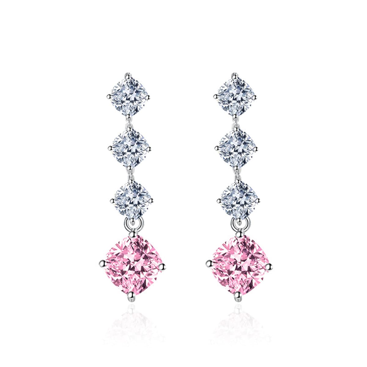 Pink Crystal & Silvertone Cushion-Cut Drop Earrings