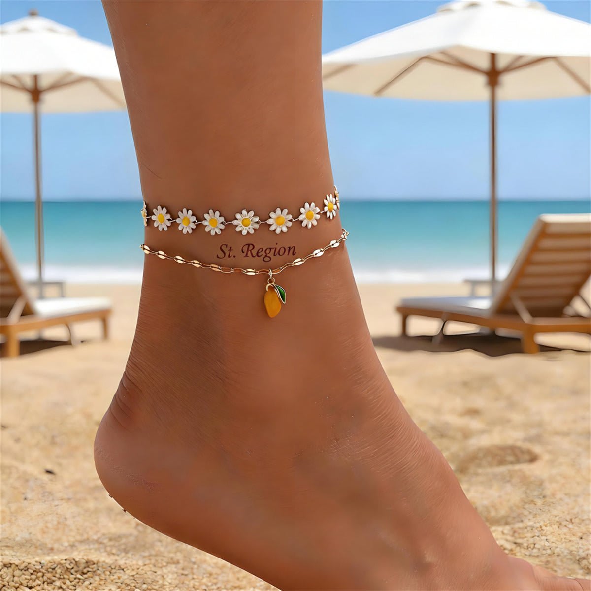 Enamel & Goldtone Mum Stations Mango Charm Anklet Set