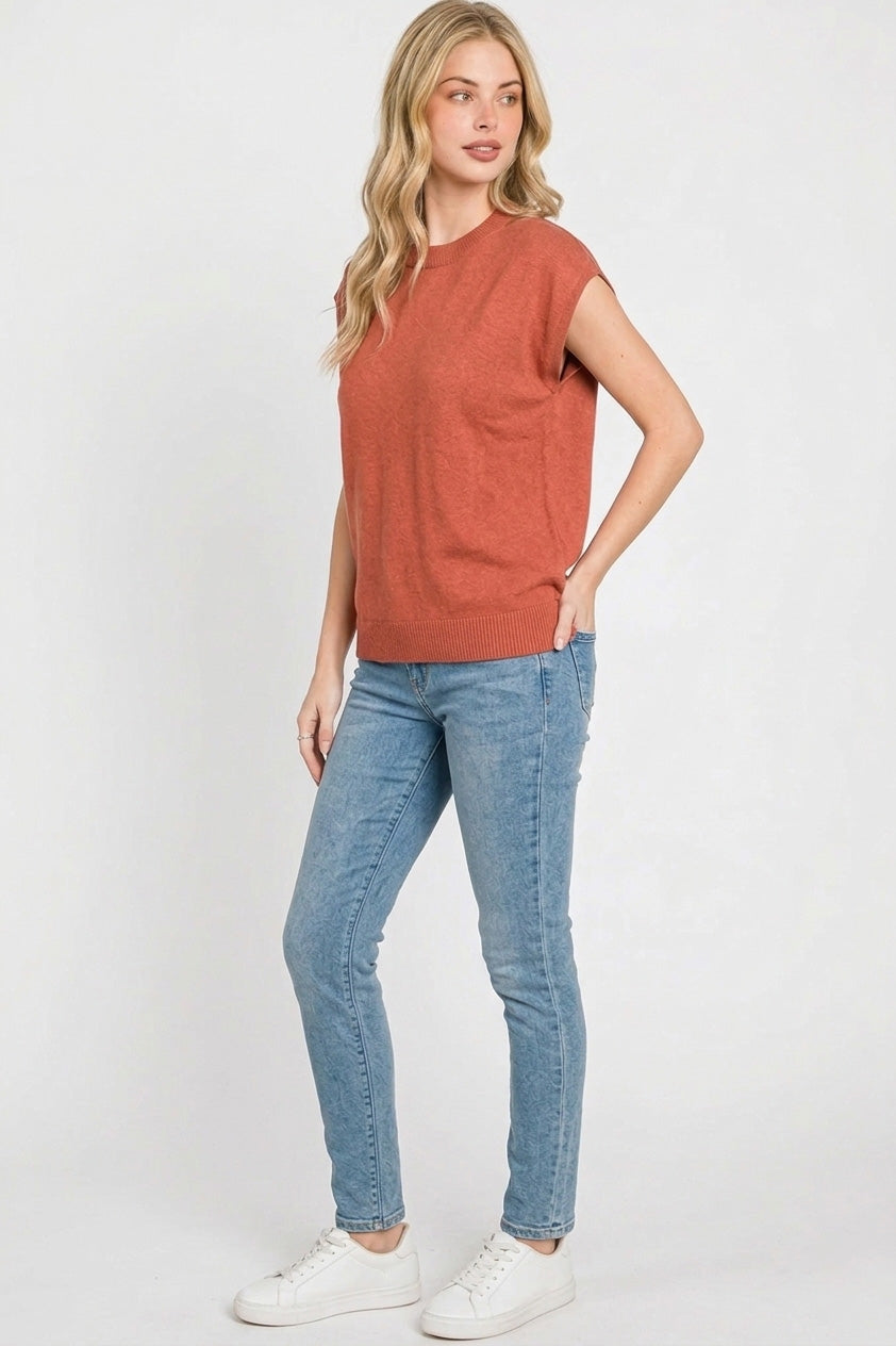 Zenana Viscose Round-neck Short Sleeve Sweater