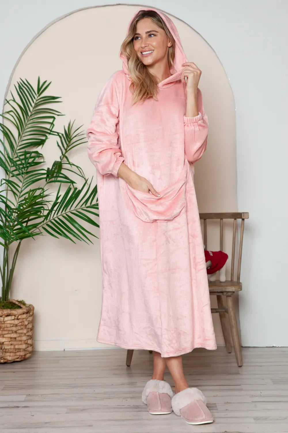 lounge dress for women Double Take Full Size Pocketed Hooded Midi Lounge Dress Dusty Pink / S/M