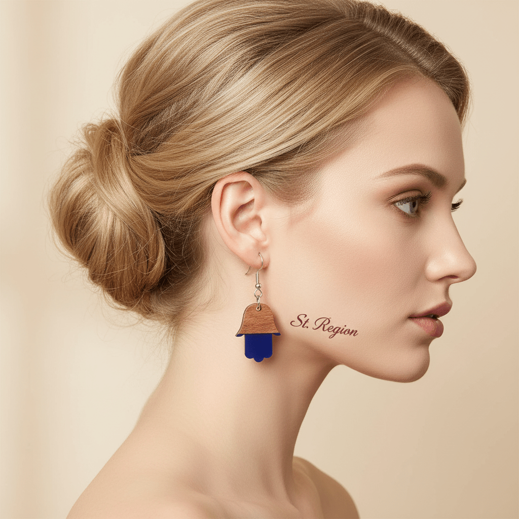 Blue Resin & Wood Silvertone Patchwork Hamsa Hook Earrings