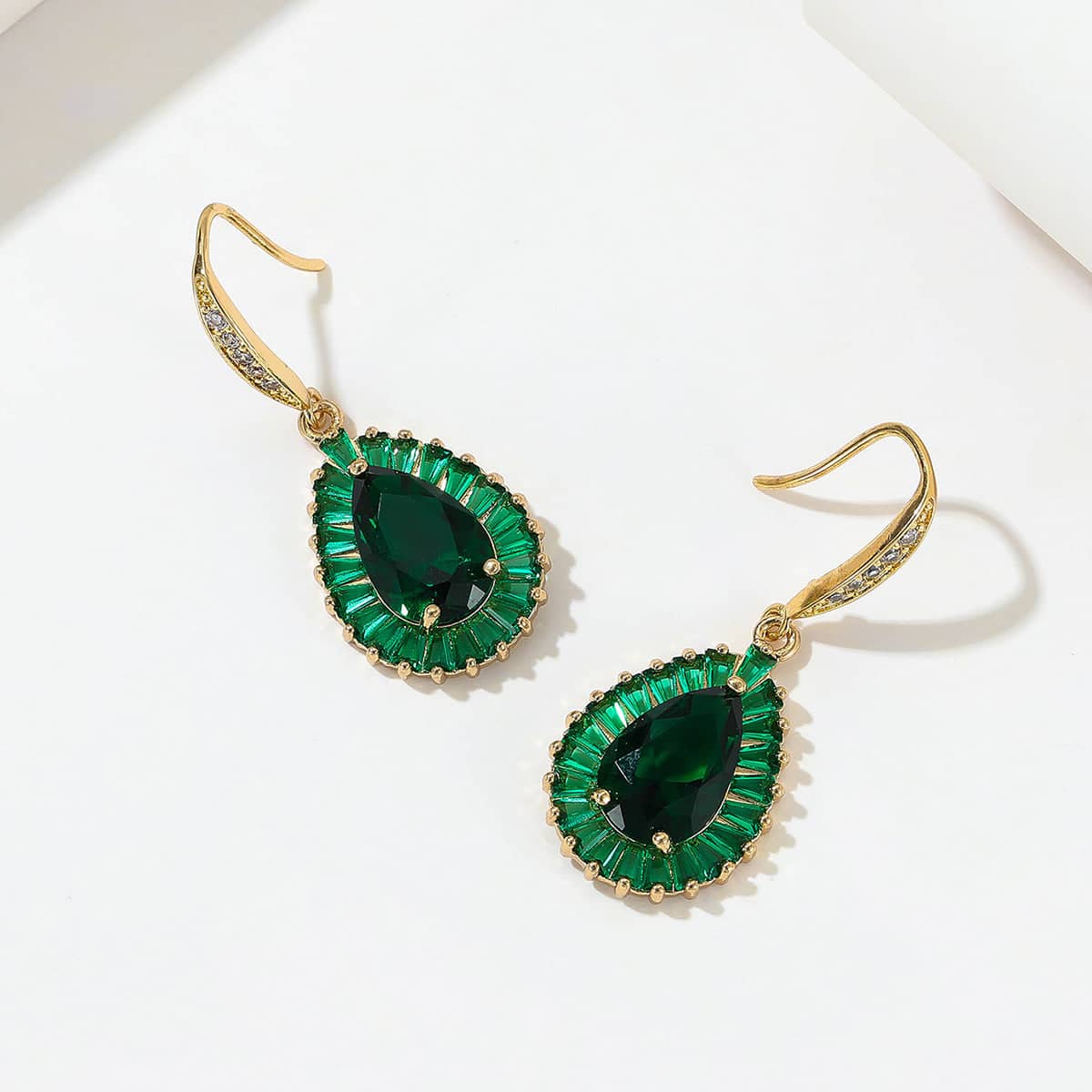 Green Crystal & Cubic Zirconia Goldtone Halo Drop Hook Earrings