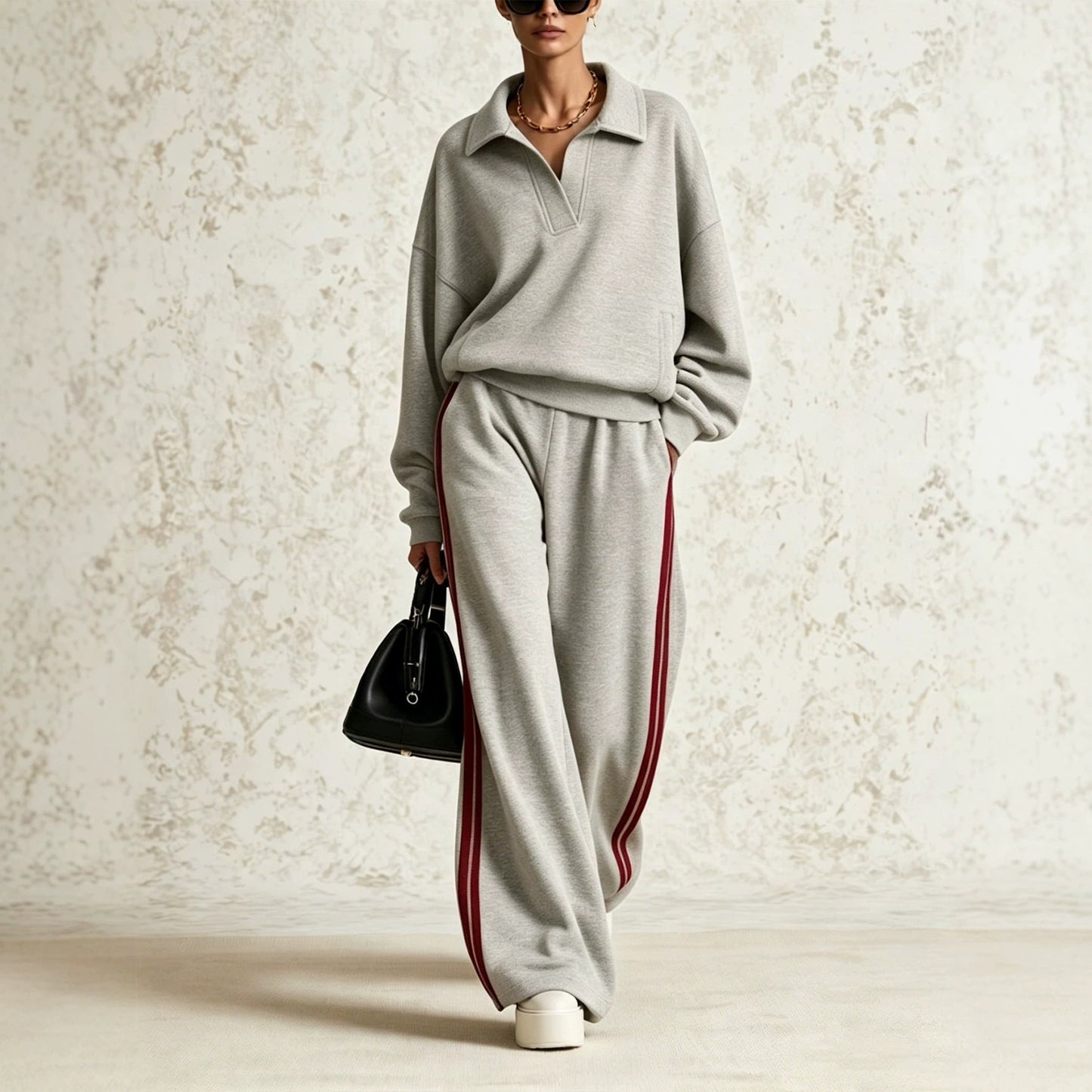 Women's Polo-Collar Oversized Sweatshirt & Side-Stripe Wide-Leg Pants Set