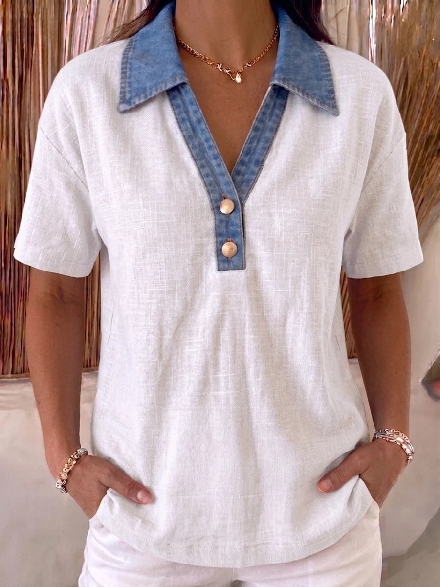 Women's Denim-Trimmed Linen Cotton Contrast Shirt