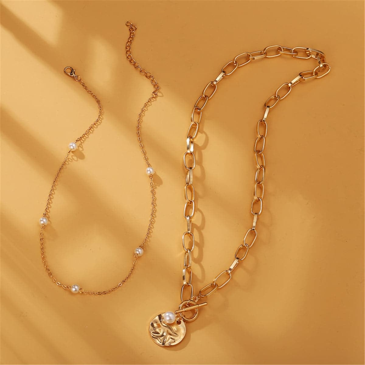 Pearl & Goldtone Figaro Layered Pendant Necklace