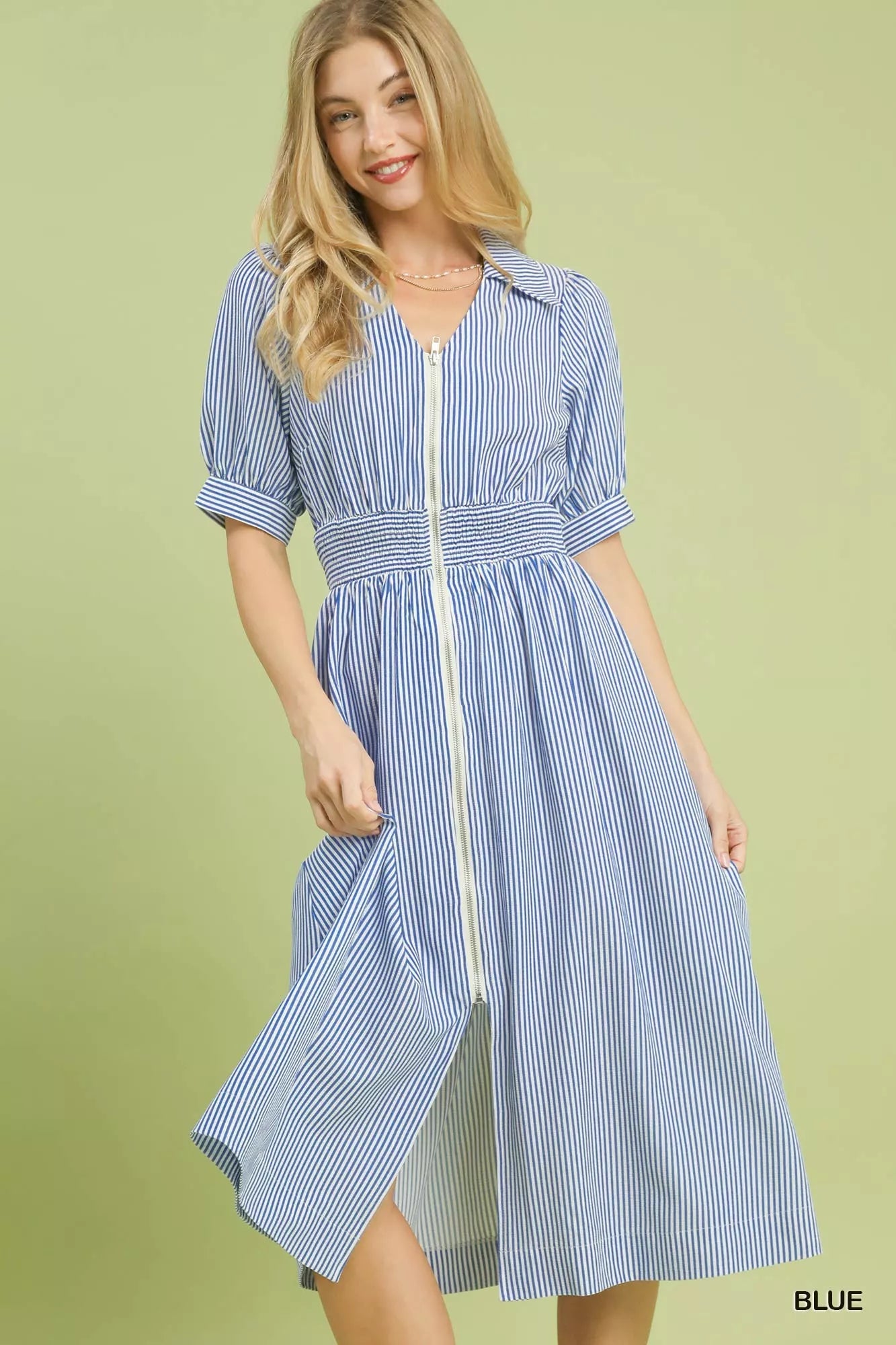 Umgee Striped Midi Dress with Front Zipper BLUE / L