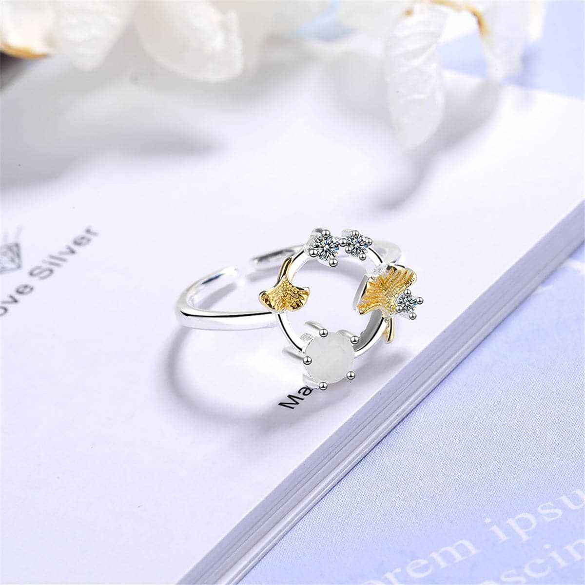 Cubic Zirconia & Catseye Ginkgo Leaf Open Ring