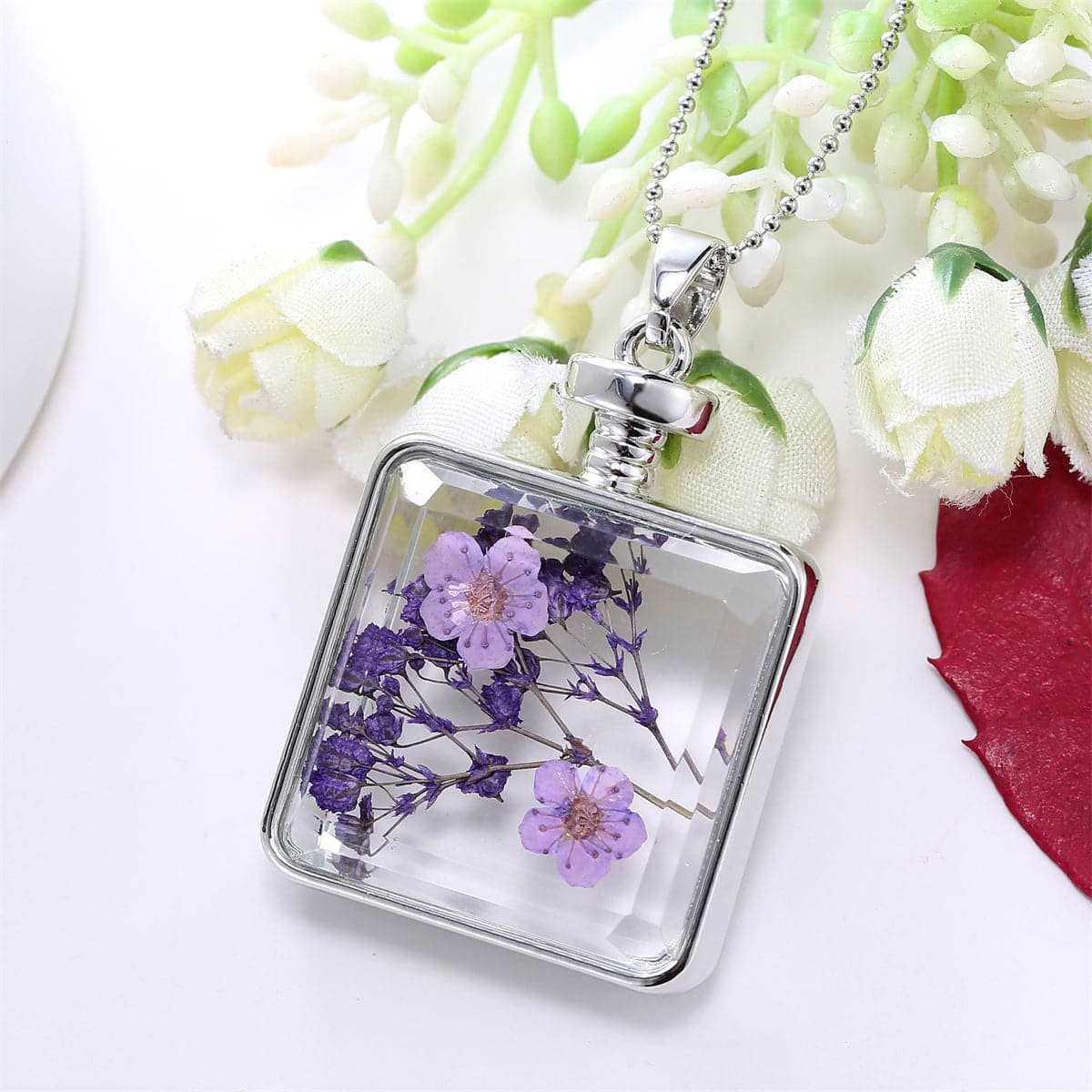 Purple & Silvertone Pressed Peach Blossom Square Pendant Necklace