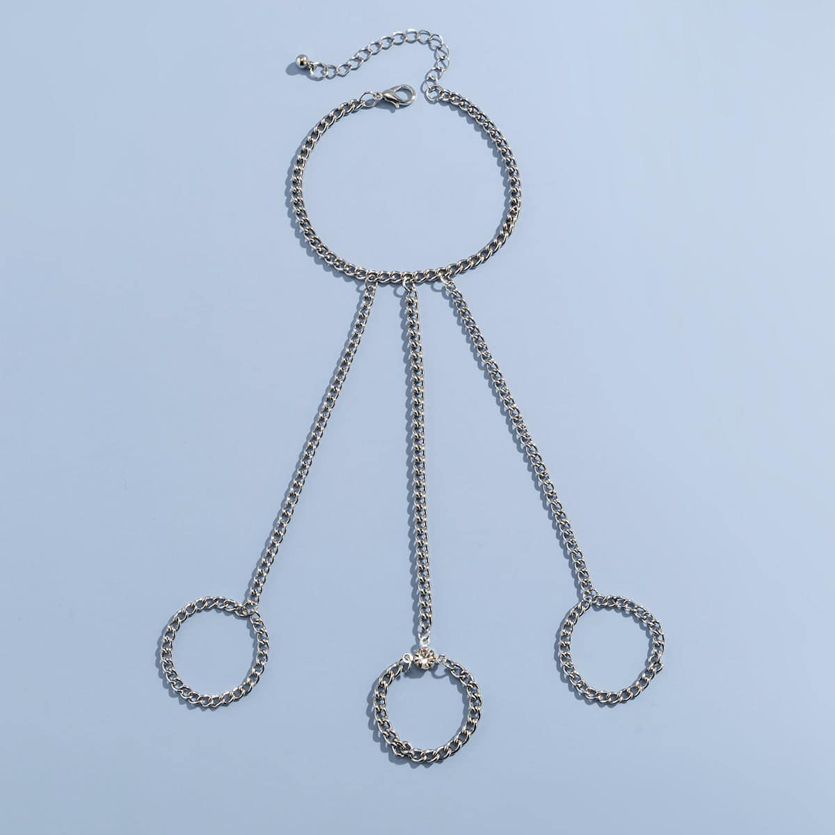 Cubic Zirconia & Silvertone Thin Tri-Ring Wrist-To-Ring Bracelet