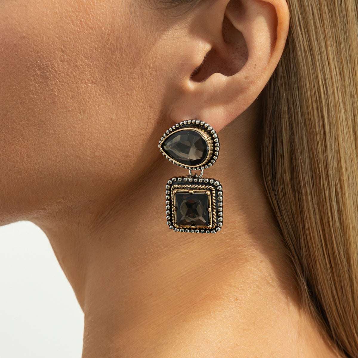 Gray Crystal & Two-Tone Drop Square Dangle Earrings