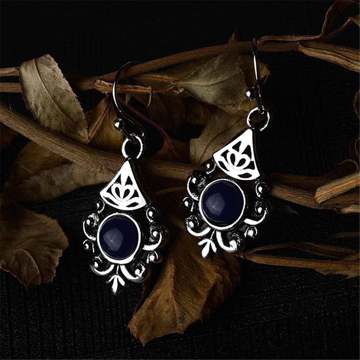 Retro Blue Crystal & Silvertone Filigree Drop Earrings