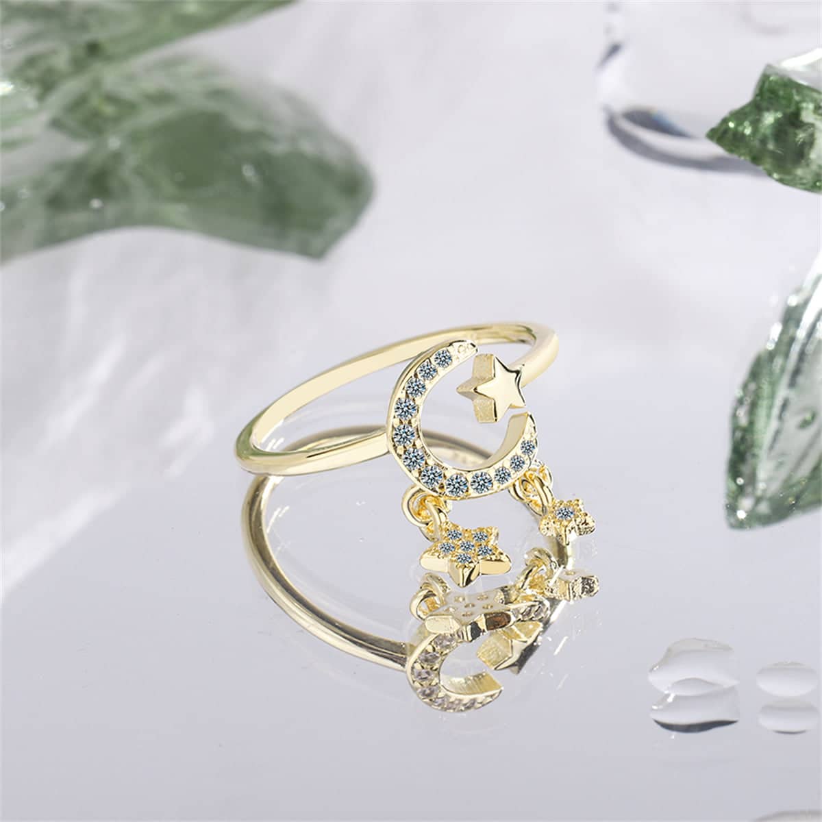 Cubic Zirconia & Goldtone Celestial Star Tassel Open Ring