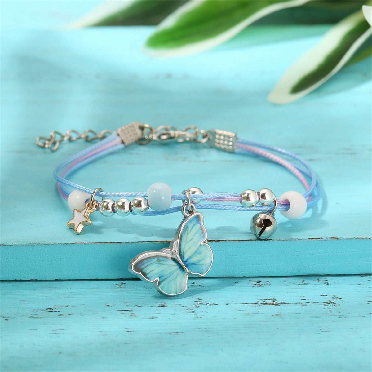 Light Blue Enamel & Silvertone Butterfly Charm Bracelet