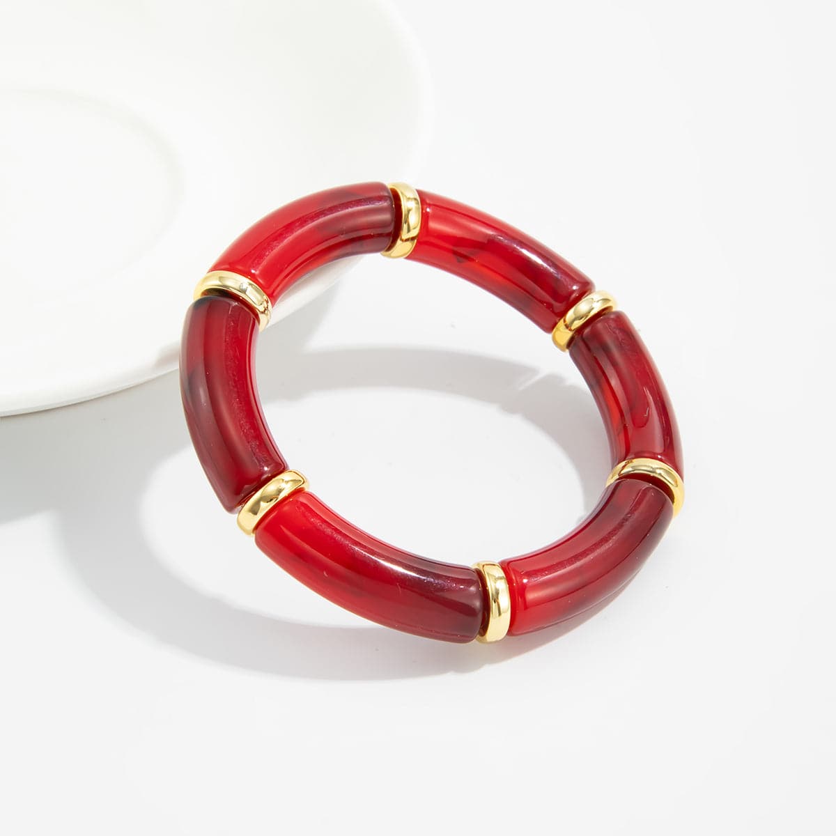Wine Red Resin & Goldtone Sequin Joint Stretch Bracelet