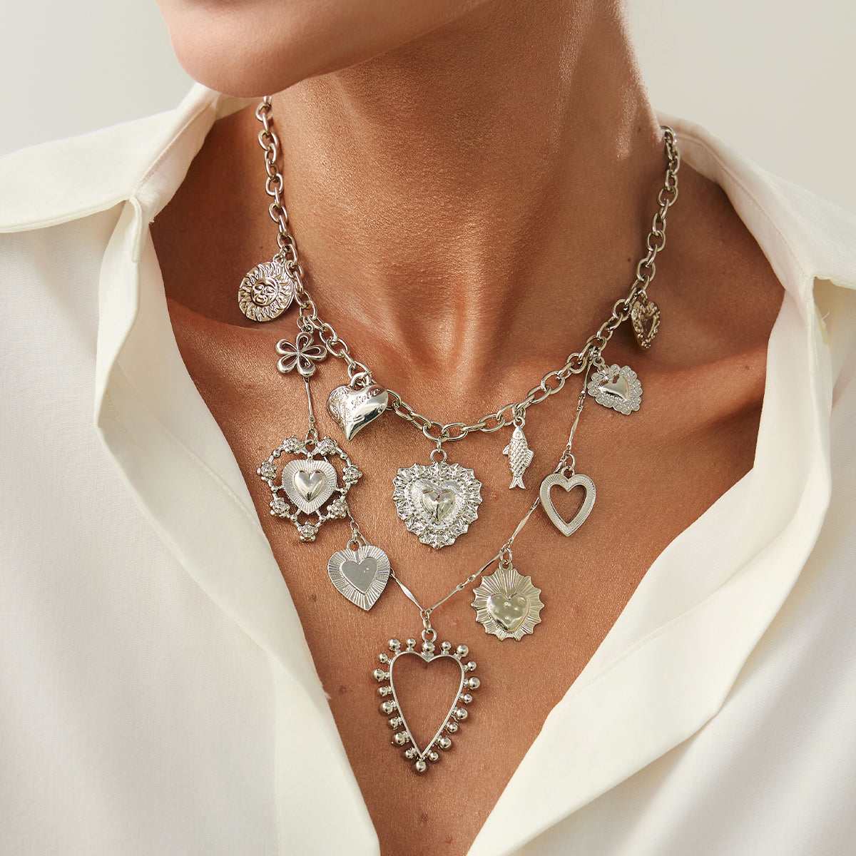 Silvertone Heart Flower Fish Statement Necklace