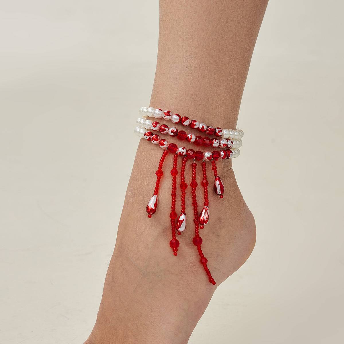 Red Acrylic & Enamel Pearl Silvertone Tassel Layered Anklet