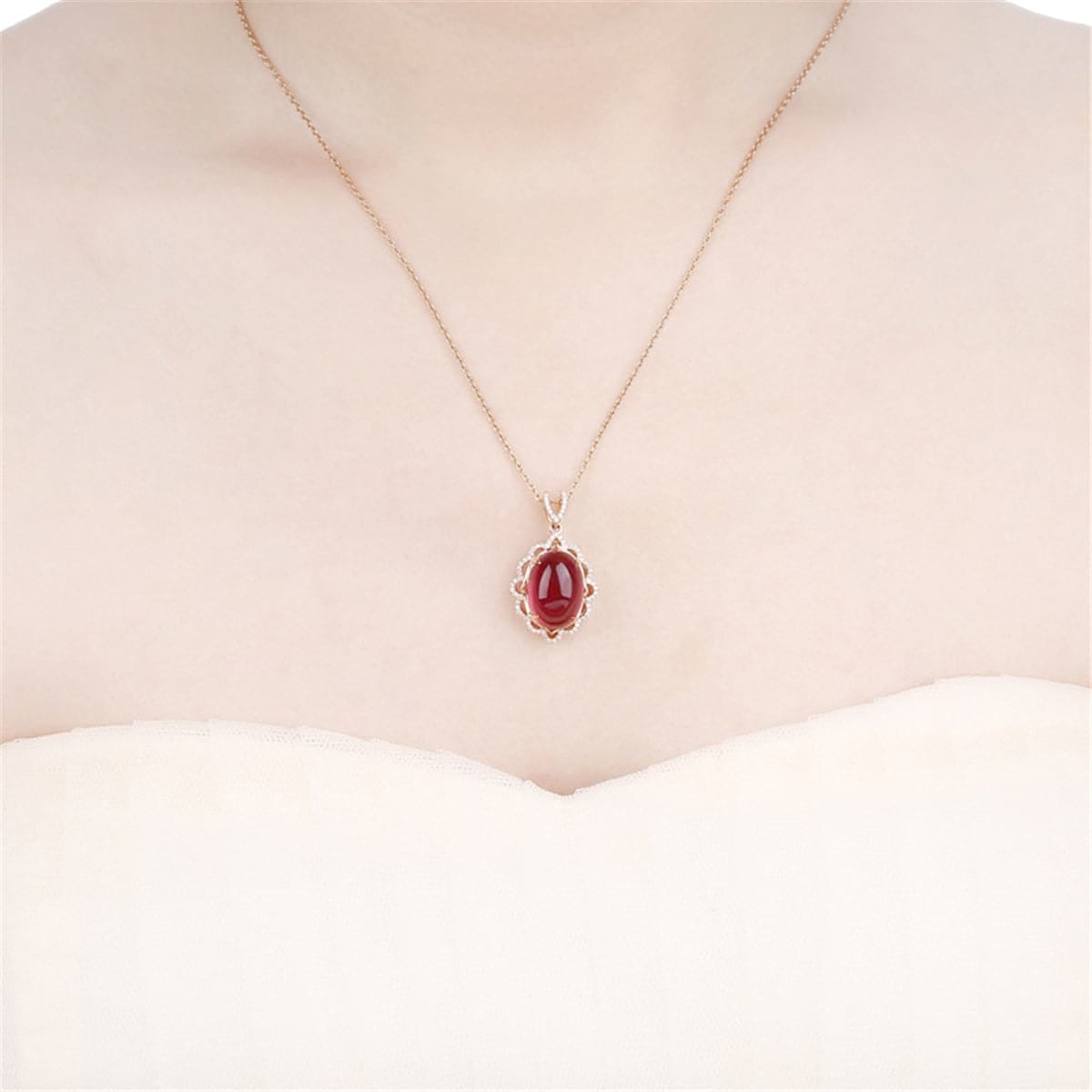 Red Agate & Cubic Zirconia Oval Botany Pendant Necklace