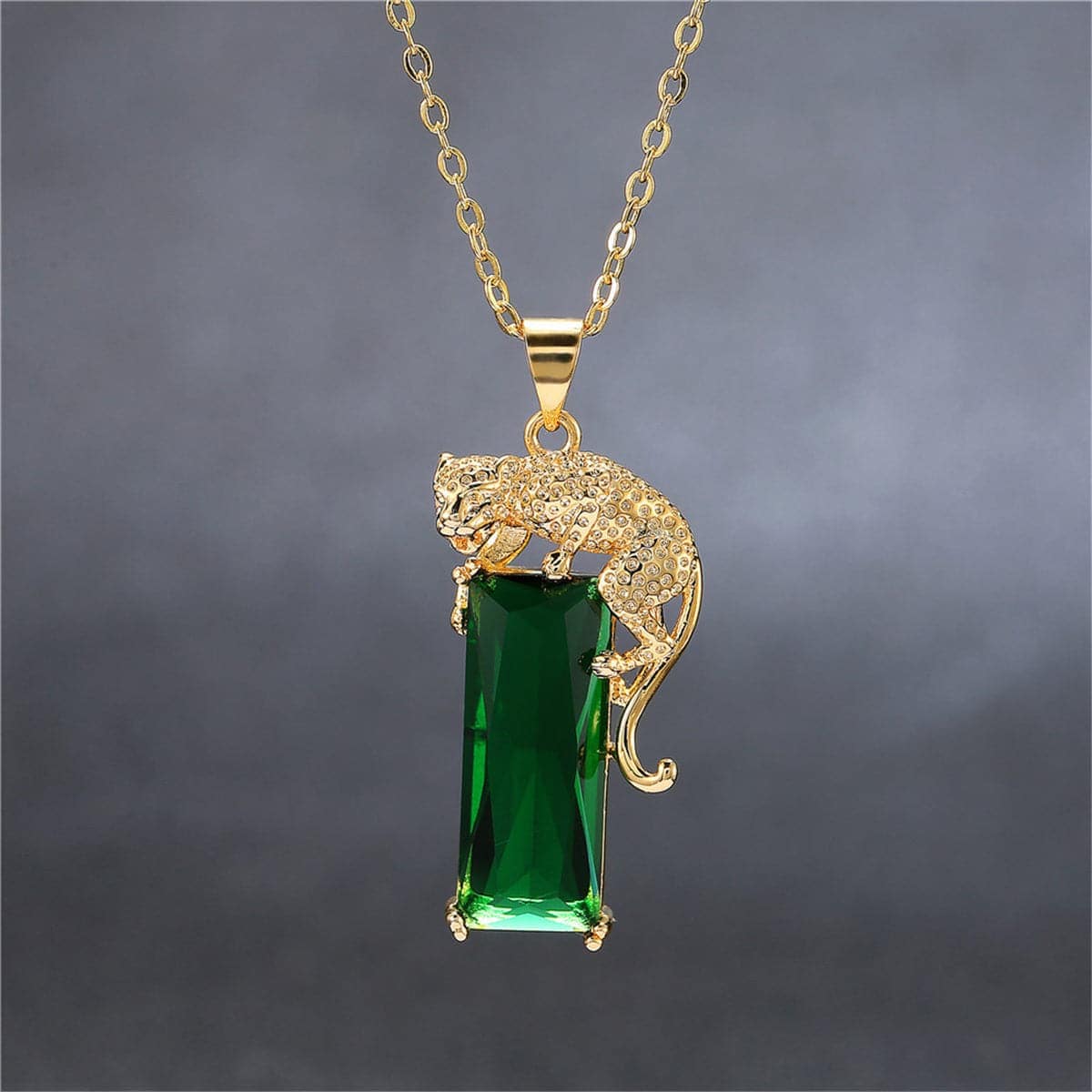 Green Crystal & Goldtone Leopard Pendant Necklace