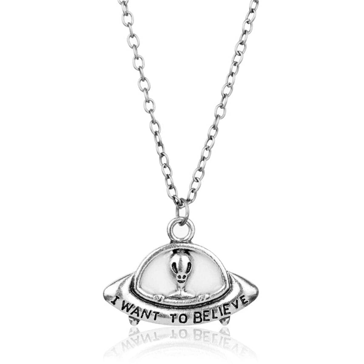 Silvertone 'I Want to Believe' Alien UFO Pendant Necklace