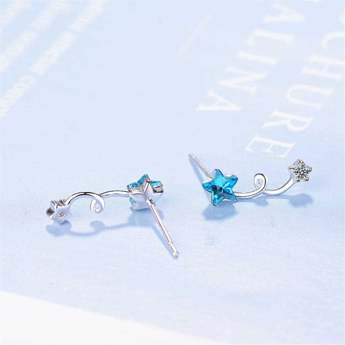 Blue Crystal & Cubic Zirconia Star Ear Climbers