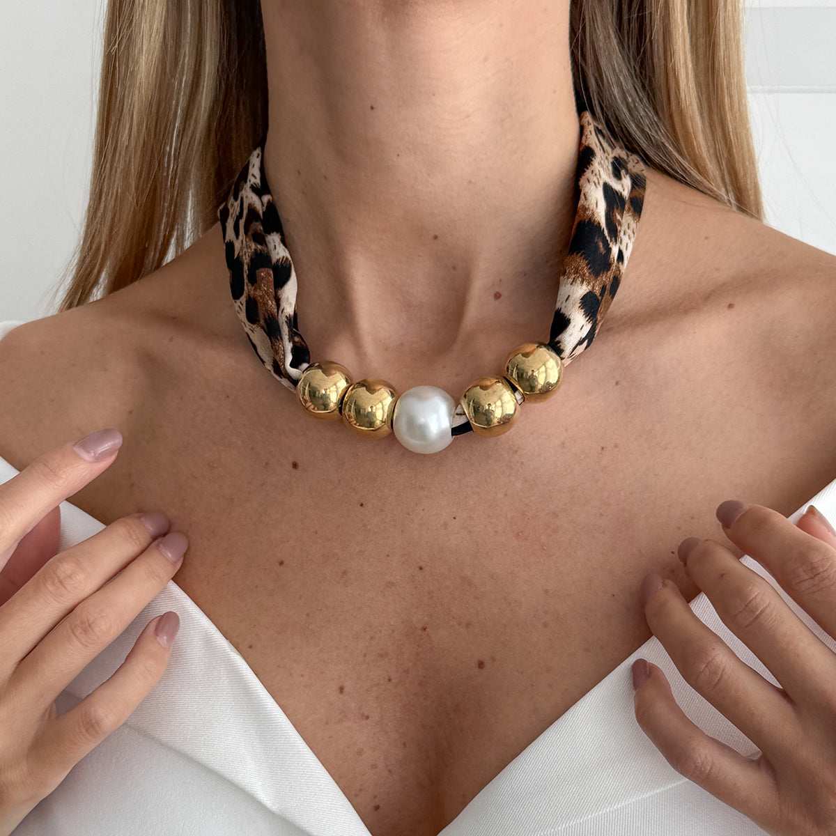 Leopard Print Polyster & Pearl Goldtone Ball Collar Necklace