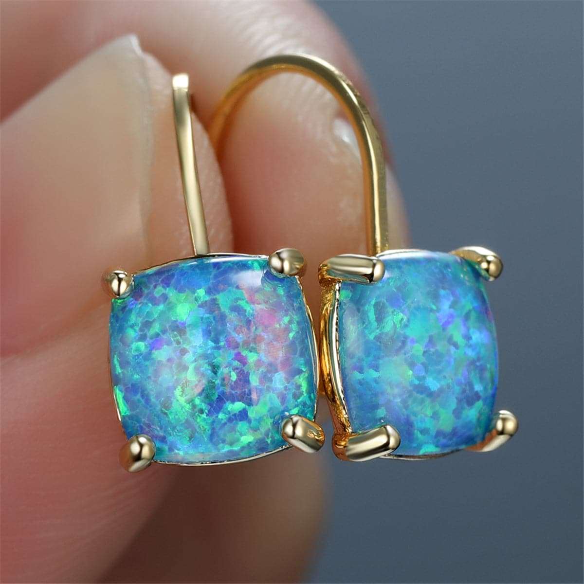 Blue Opal & Goldtone Cushion-Cut Leverback Earrings