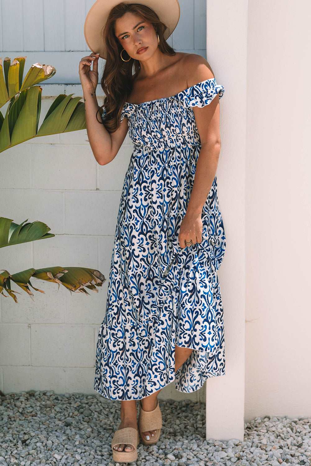 Threaded Pear Malka Boho Smocked High Waist Maxi Dress