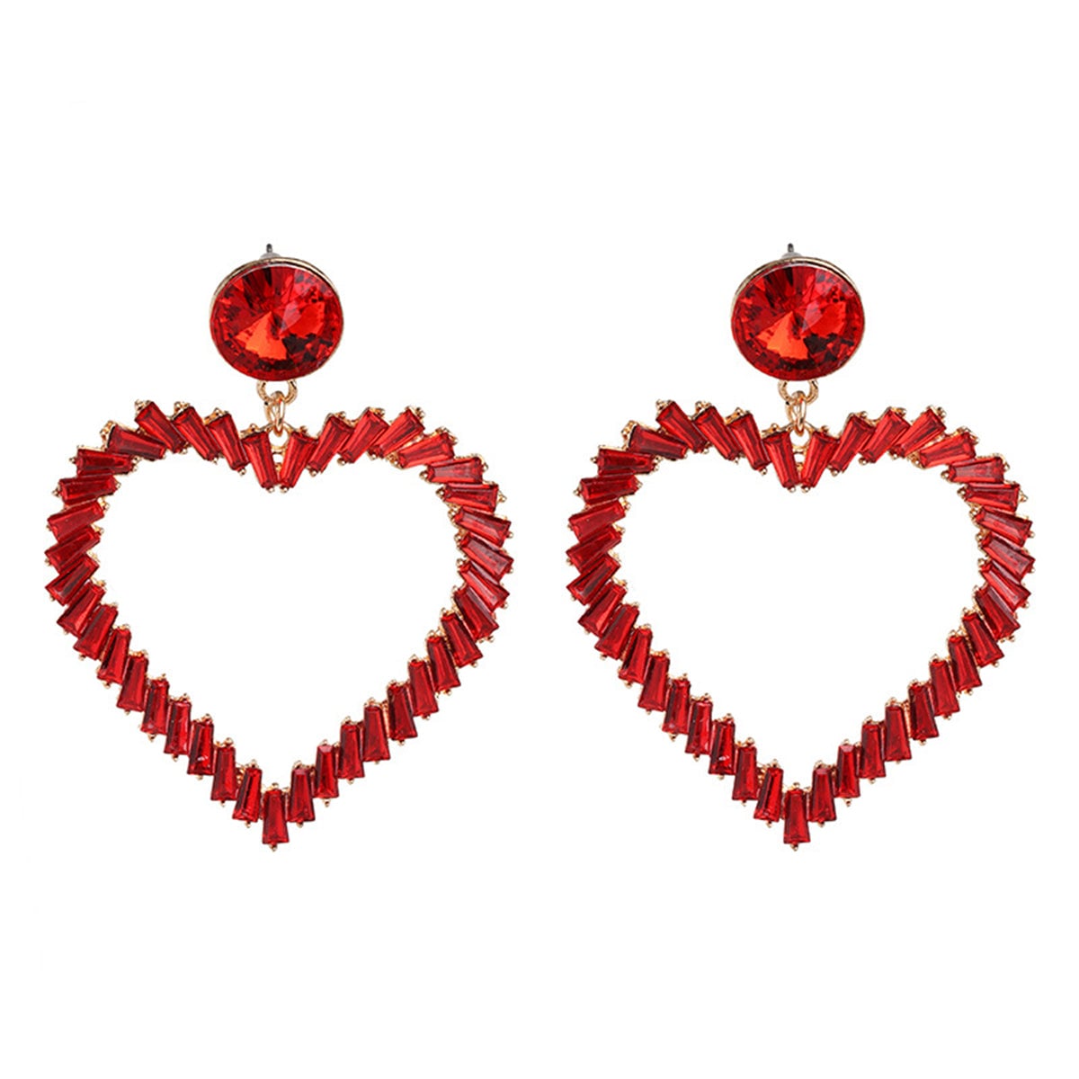 Red Crystal & Goldtone Open Heart Drop Earrings